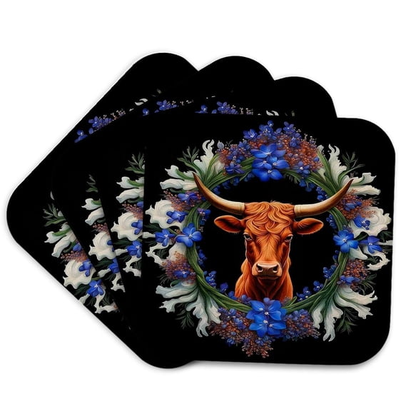 3drose, Longhorn Cattle Surrounded by a Wreath of Bluebonnet Lupins, Set of 4 Coasters - Cork