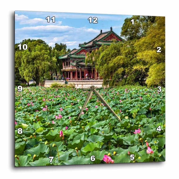 3drose, Lotus Pads in Garden Pond, Red Pavilion, Summer Palace, Beijing, China, 13x13 Wall Clock