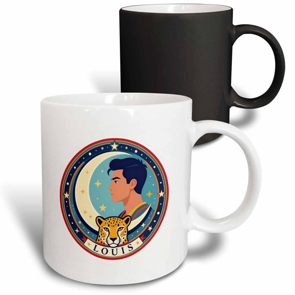 3drose, Louis Male Name, Moon, Man, and a Cheetah Head. Cool Gift for a Man, 11oz Magic Transforming Mug