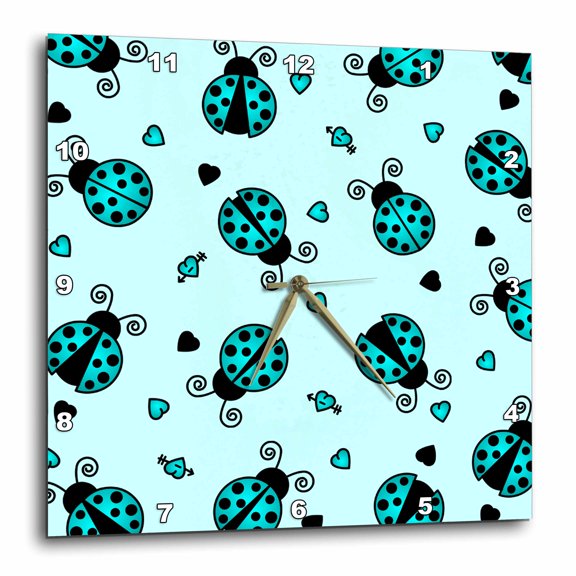 3drose, Love Bugs Blue Ladybug Print with Hearts, 15x15 Wall Clock