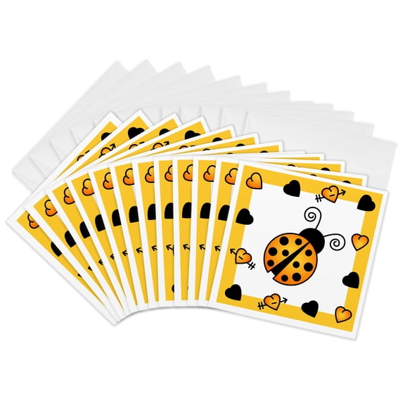 3drose, Love Bugs Orange Ladybug with Hearts, 12 Greeting Cards with Envelopes