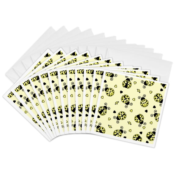 3drose, Love Bugs Yellow Ladybug Print with Hearts, 12 Greeting Cards with Envelopes