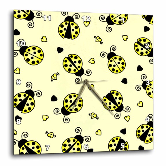 3drose, Love Bugs Yellow Ladybug Print with Hearts, 15x15 Wall Clock