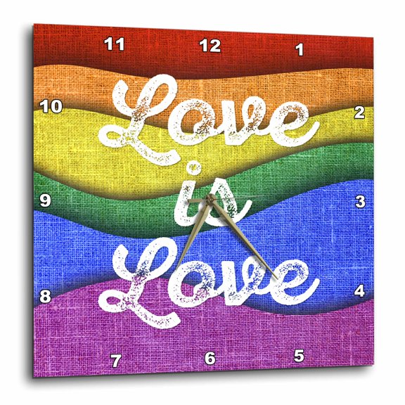 3drose, Love Is Love in Distressed White Cursive on a Wavy Rainbow Background., 10x10 Wall Clock