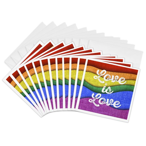3drose, Love Is Love in Distressed White Cursive on a Wavy Rainbow Background., 12 Greeting Cards with Envelopes