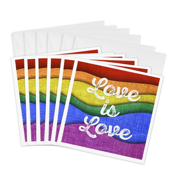 3drose, Love Is Love in Distressed White Cursive on a Wavy Rainbow Background., 6 Greeting Cards with Envelopes