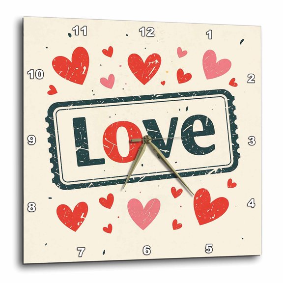 3drose, Love Stamp and Red Hearts. Romantic Positive Artsy Gift for All, 15x15 Wall Clock