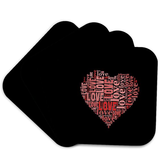 3drose, Love - Trendy Modern Abstract Wordcloud Heart Typography on Black, Set of 4 Coasters - Soft