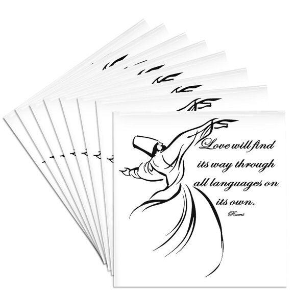 3drose, Love Will Find Its Way Through All Languages Rumi Quote - White Background, Set of 8 Ceramic Tile Coasters