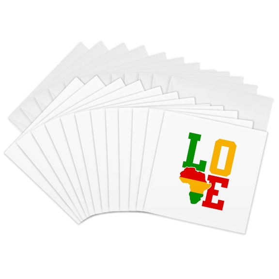 3drose, Love Word of Green, Yellow, Red Colors, Map of Africa. Juneteenth Art, 12 Greeting Cards with Envelopes
