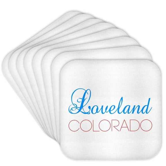 3drose, Loveland, Colorado Blue and Red Text. Home Town Patriot Design, Set of 8 Coasters - Cork