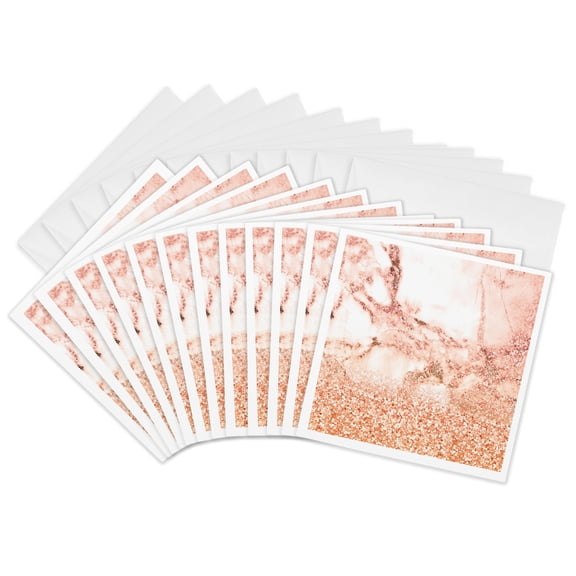 3drose, Luxury Grey and Copper Ombre Marble Glitter Metallic Faux Print, 12 Greeting Cards with Envelopes