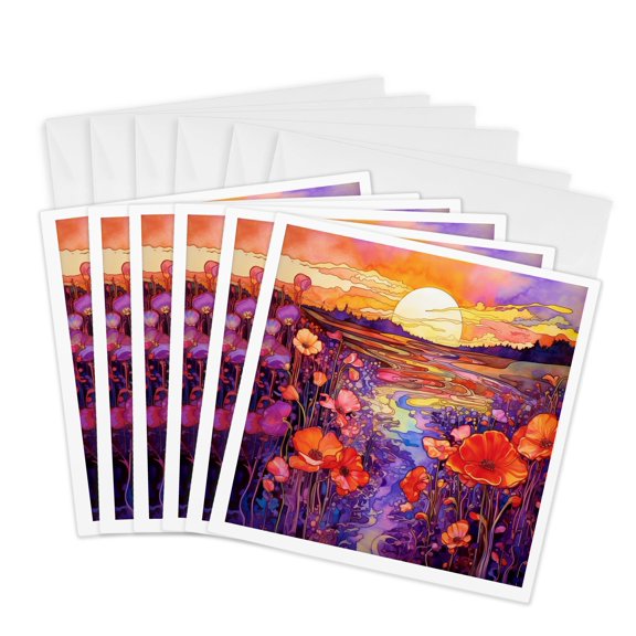 3drose, Luxury Image of Liquid Paint Floral Sunset River, 6 Greeting Cards with Envelopes