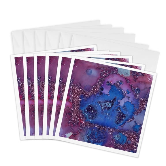 3drose, Luxury Light Purple Ombre Gem Marble Glitter Metallic Faux Print, 6 Greeting Cards with Envelopes