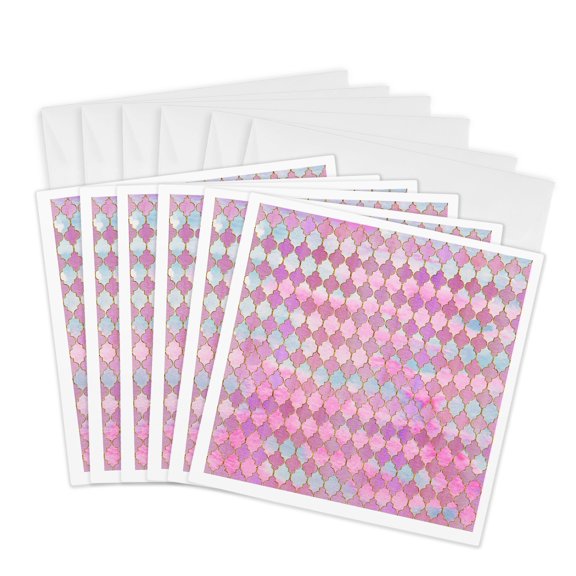 3drose, Luxury Shiny Gold and Pink Moroccan Arabic Quatrefoil Tile Pattern, 6 Greeting Cards with Envelopes