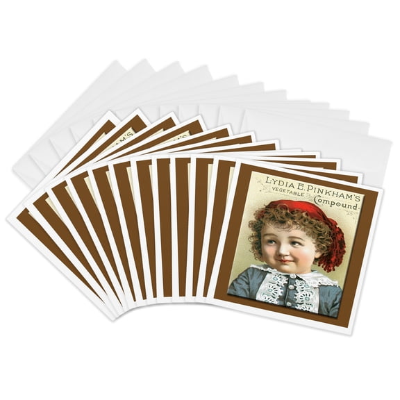 3drose, Lydia Pinkhams Vegetable Compound Cute Little Girl in Red Hat, 12 Greeting Cards with Envelopes
