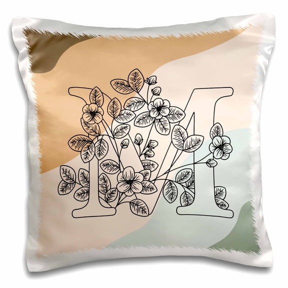 3drose, M Monogram Initial Flowers Outline Boho Patterned Background, 16x16 inch Pillow Case