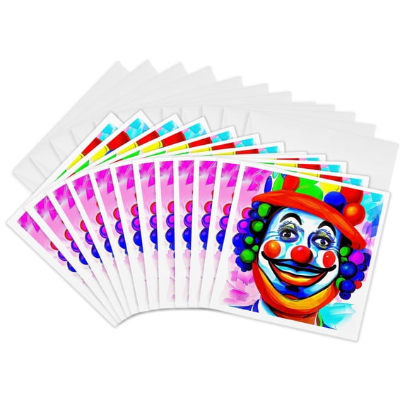 3drose, Magnificent Smiling Clown with Blue and Green Hair, in Red Hat, 12 Greeting Cards with Envelopes