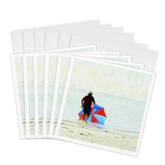 3drose, Man Chasing Red Blue Beach Umbrella, 6 Greeting Cards with Envelopes