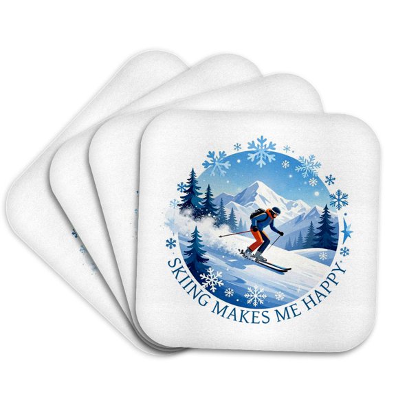 3drose, Man Skier on the Hill. Skiing Makes Me Happy. Winter Sport Art Gift, Set of 4 Coasters - Soft