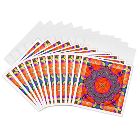 3drose, Mandala Meditation Harmony Innerpeace Red Purple Yellow Blue Gold Zen Joy Chakra Energy Glowing, 12 Greeting Cards with Envelopes