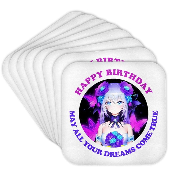 3drose, Manga Girl, Flowers, Butterflies. Neon Colors. Happy Birthday Card, Set of 8 Coasters - Cork