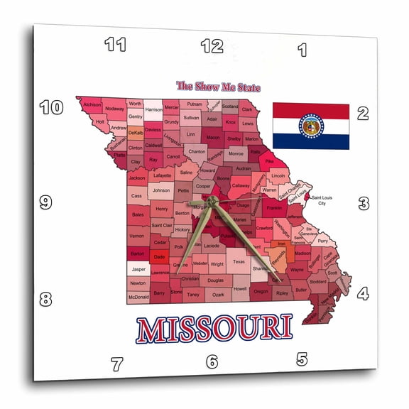 3drose, Map and Flag of Missouri with State Nickname. All Counties Labeled, 15x15 Wall Clock