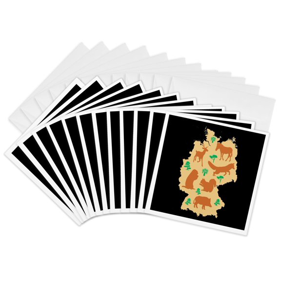 3drose, Map of Germany with Many Animals Fox Deer Squirrel, 12 Greeting Cards with Envelopes