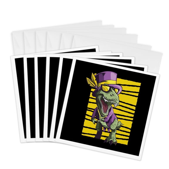 3drose, Mardi Gras Celebration with Dinosaur T-rex, 6 Greeting Cards with Envelopes
