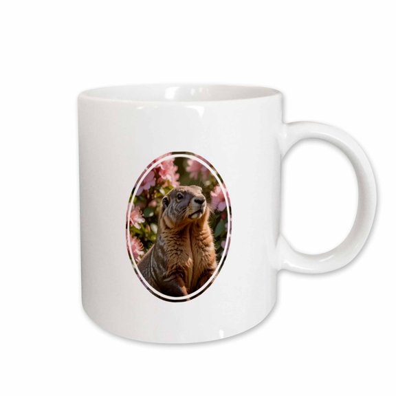 3drose, Marmot with Pink Rhododendron Background, 11oz Mug