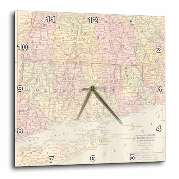 3drose, Massachusetts, Rhode Island, Connecticut Map, 15x15 Wall Clock