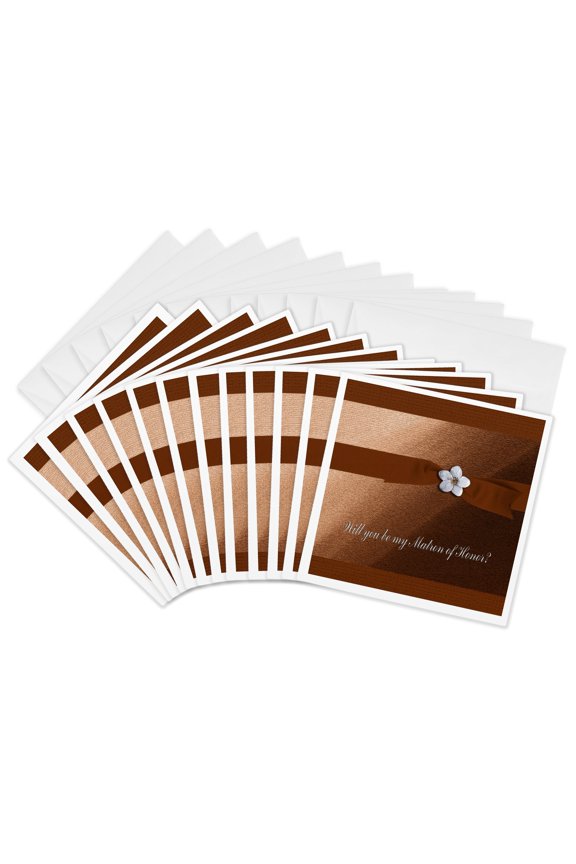 , Matron of Honor Request, Autumn Orange Ribbon with Flower on Peach, 12 Greeting Cards with Envelopes