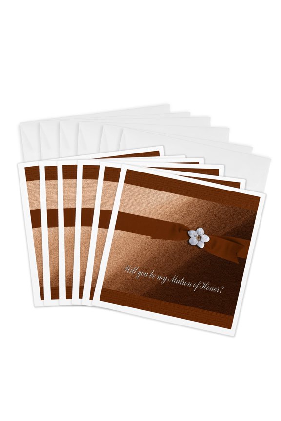 , Matron of Honor Request, Autumn Orange Ribbon with Flower on Peach, 6 Greeting Cards with Envelopes