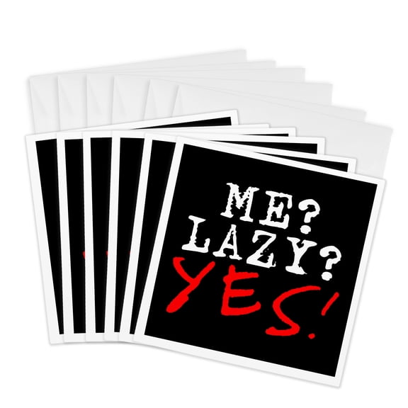 3drose, Me Lazy Yes Funny White and Red Text on Black Background, 6 Greeting Cards with Envelopes