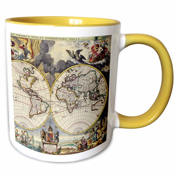 3drose, Medieval Colorful Geographical Map of Earth, Two Hemispheres, Gift, 11oz Two-tone Yellow Mug