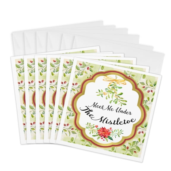 3drose, Meet Me under the Mistletoe Watercolor Illustration for Christmas, 6 Greeting Cards with Envelopes