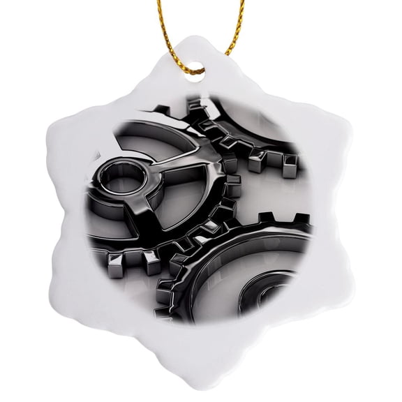 3drose, Metal Gear Gears Chrome Steel Clockwork Gearbox Cog Cogwheel Cogs Gearwheel Sync Teamwork Concept, 3 inch Snowflake Porcelain Ornament