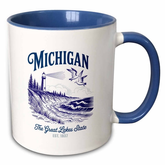 3drose, Michigan State, the Usa. the Great Lakes State. Established in 1837, 11oz Two-tone Blue Mug