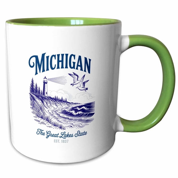 3drose, Michigan State, the Usa. the Great Lakes State. Established in 1837, 11oz Two-tone Green Mug