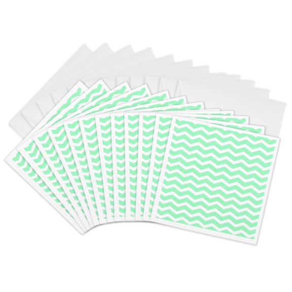 3drose, Mint Green and White Chevron Zig Zag Stripes Pattern Retro and Stylish, 12 Greeting Cards with Envelopes