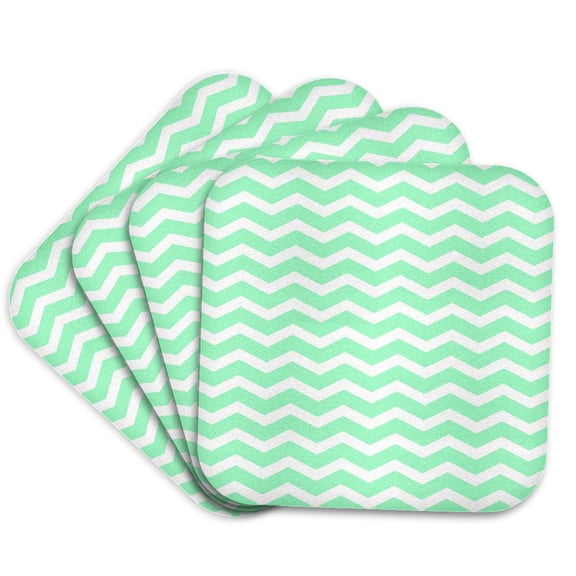 3drose, Mint Green and White Chevron Zig Zag Stripes Pattern Retro and Stylish, Set of 4 Coasters - Soft