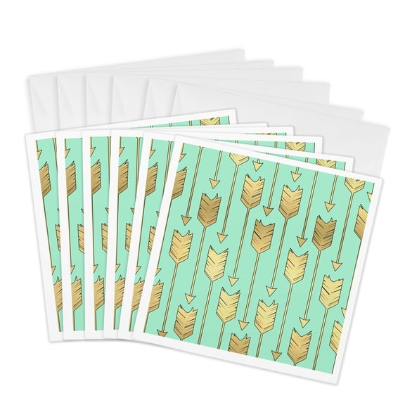 3drose, Mint and Gold Arrows Pattern, 6 Greeting Cards with Envelopes