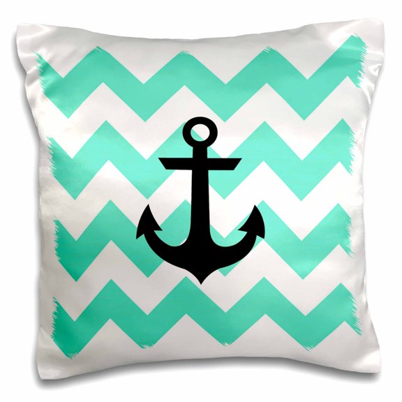 3drose, Mint and White Chevron Pattern with Black Anchor, 16x16 inch Pillow Case