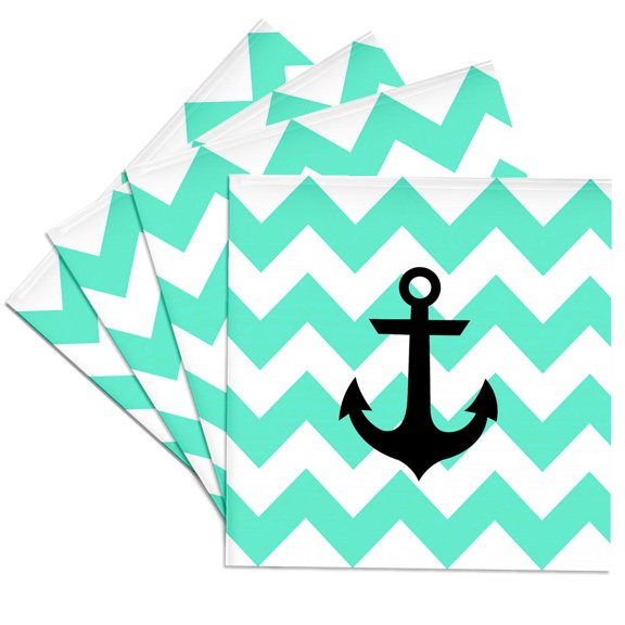 3drose, Mint and White Chevron Pattern with Black Anchor, Set of 4 Ceramic Tile Coasters