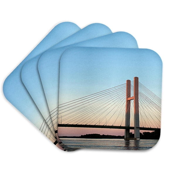 3drose, Mississippi River at Burlington, Iowa During Flooding at Sunset, Set of 4 Coasters - Soft