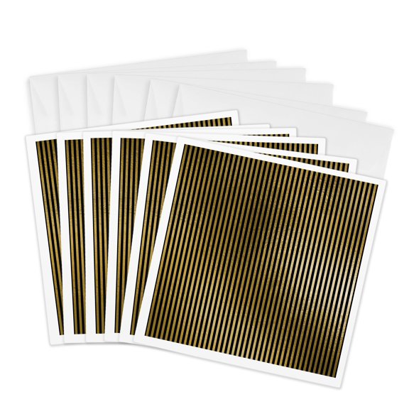 3drose, Modern Faux Gold and Black Vertical Stripes Pattern, 6 Greeting Cards with Envelopes