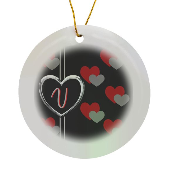 3drose, Modern Geometric Black Red Grey Hearts Pattern Monogram Letter V, Circle Porcelain Ornament