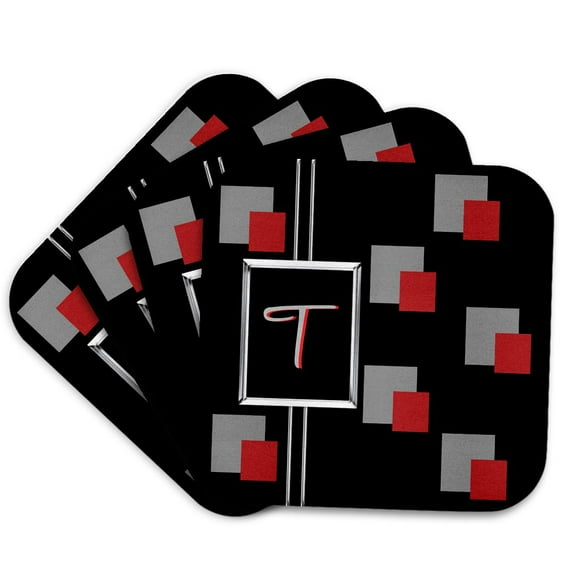 3drose, Modern Geometric Black Red Grey Square Pattern Monogram Letter T, Set of 4 Coasters - Cork