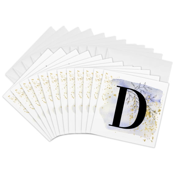 3drose, Modern Image of Blue Watercolor Image of Gold Splatter Monogram D, 12 Greeting Cards with Envelopes