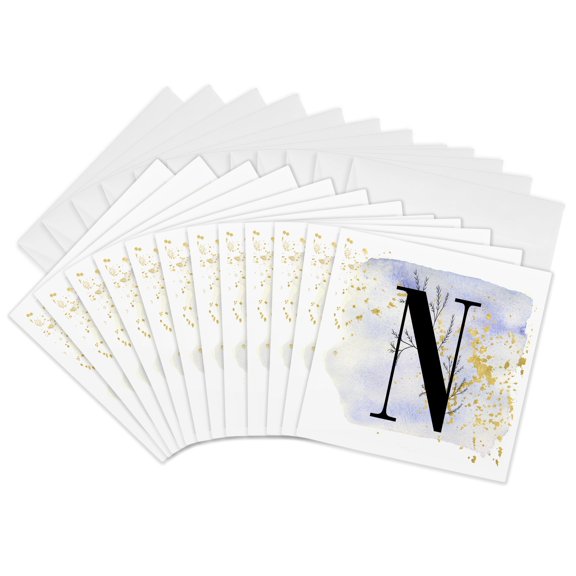 3drose, Modern Image of Blue Watercolor Image of Gold Splatter Monogram N, 12 Greeting Cards with Envelopes